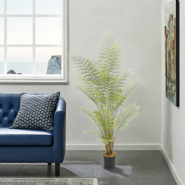 Potted Faux Jacaranda Tree 120 cm - 2 - Modern living room, blue tufted sofa, decorative pillows, abstract painting, coastal