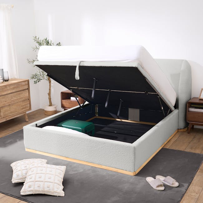 Nova Queen Storage Bed - Light Grey Boucle - 2 - modern bedroom, minimalist design, floating bed, white comforter, green