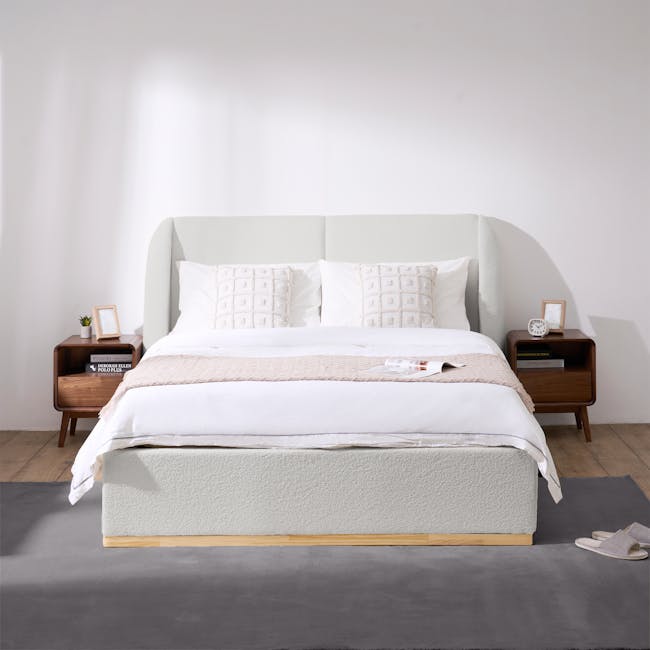 Nova Queen Storage Bed in Light Grey Boucle with 2 Natalia Bedside Tables - 3 - Modern minimalist bedroom, cozy bed with