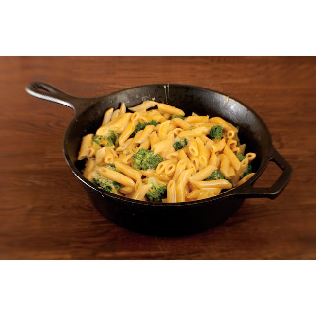 Lodge 10.25 Inch Cast Iron Deep Skillet - 2 - Macaroni and cheese, black skillet, creamy sauce, broccoli, pasta, yellow