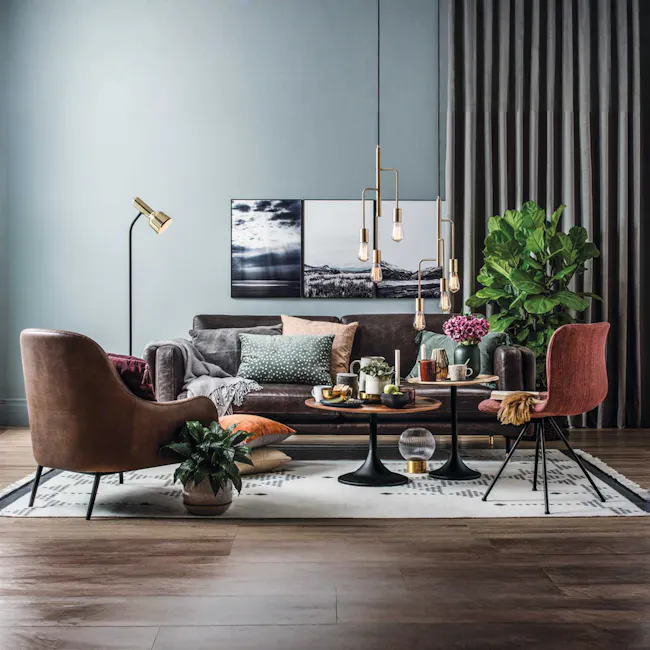 (As-is) Pablo Round Coffee Table - Walnut - 2 - 8 - modern living room, contemporary furniture, cozy seating, brown leather