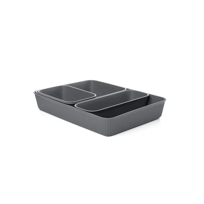 Tatay 4 Drawer Organizers Set - Grey - 1 - Grey kitchen tray, two-sectioned, ridged design, durable material, easy-to-clean