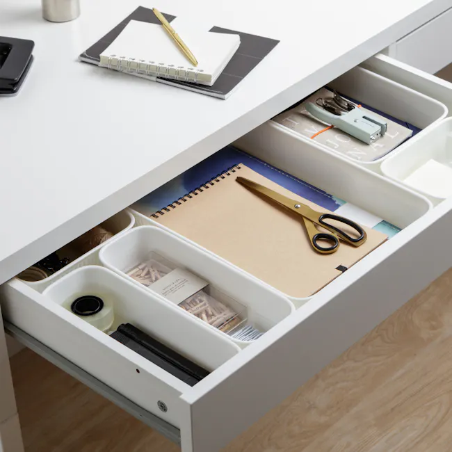 Tatay 4 Drawer Organizers Set - Grey - 3 - Organized workspace, neatly arranged tools, white desk, open drawer, black