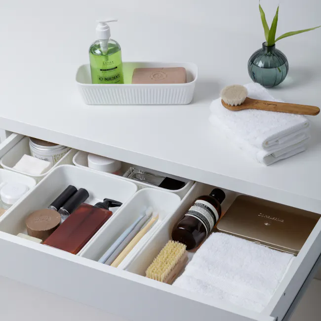Tatay 4 Drawer Organizers Set - Grey - 4 - Clean beauty essentials, neatly organized drawer, white countertop, skincare