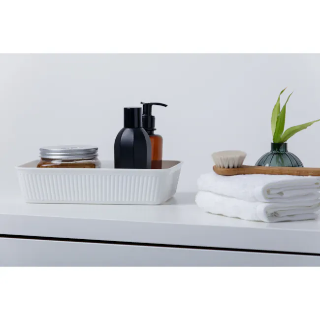 Tatay 4 Drawer Organizers Set - Grey - 5 - White countertop, minimalist design, neatly arranged items, white tray, black and