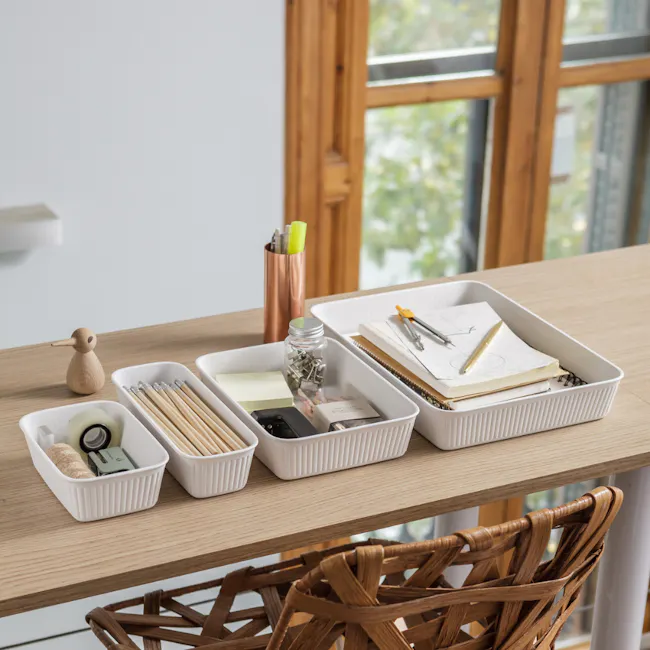 Tatay 4 Drawer Organizers Set - Grey - 2 - Wooden desk, natural light, white storage bins, wooden chair, minimalist design