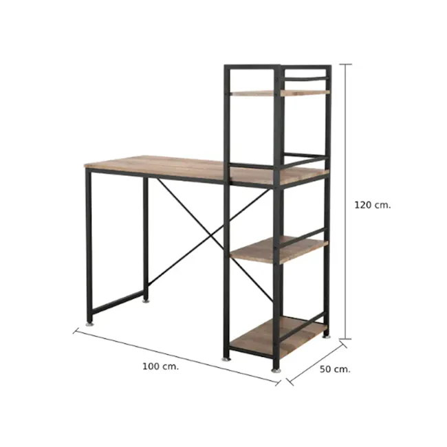 Conner Study Table with Shelves 1m - Black, Walnut - 9 - - Industrial metal shelving unit, - 120 cm height, - 50 cm depth, -