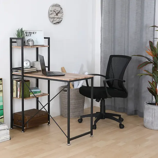 Conner Study Table with Shelves 1m - Black, Walnut - 5 - Modern workspace, minimalist design, black metal shelving, wooden