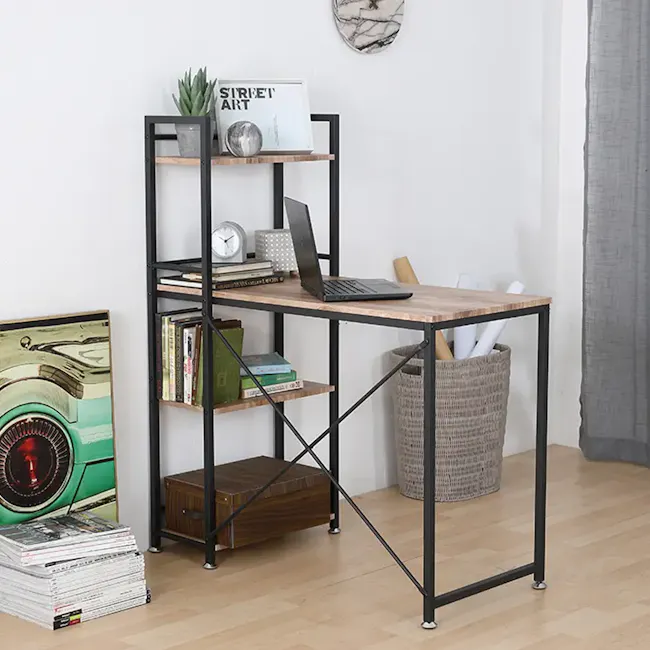 Conner Study Table with Shelves 1m - Black, Walnut - 8 - Workstation, black metal shelf, wooden top, laptop, stack of