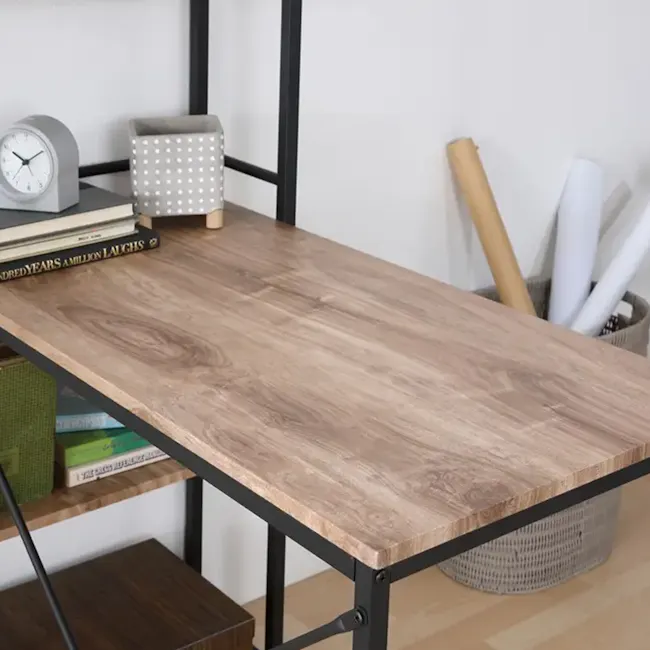 Conner Study Table with Shelves 1m - Black, Walnut - 6 - Wooden desk with black metal frame, minimalist design, natural wood