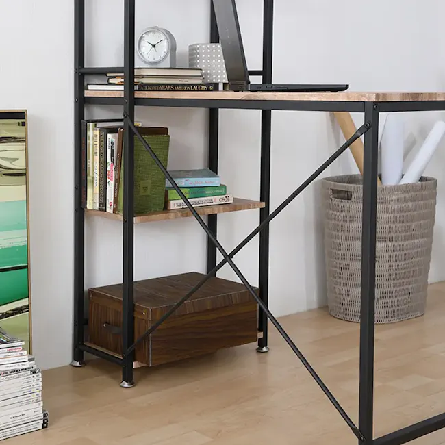 Conner Study Table with Shelves 1m - Black, Walnut - 7 - - Modern shelving unit with black metal frame, - Wooden shelf with
