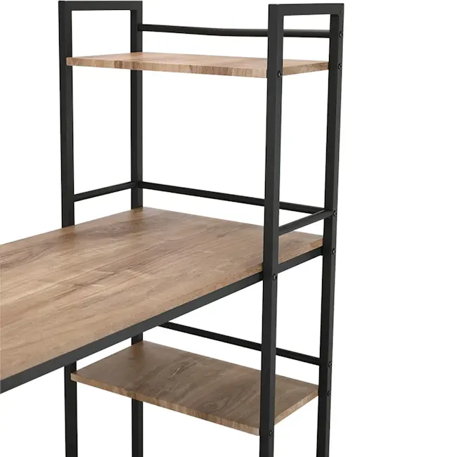 Conner Study Table with Shelves 1m - Black, Walnut - 4 - - Industrial shelving unit with black metal frame, wooden top