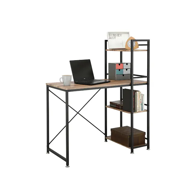 Conner Study Table with Shelves 1m - Black, Walnut - 3 - Workstation, black metal frame, wooden desk, laptop, white mug