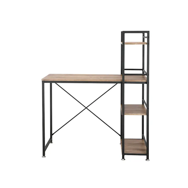 Conner Study Table with Shelves 1m - Black, Walnut - 2 - - Industrial shelving unit with black metal frame, wooden top, and