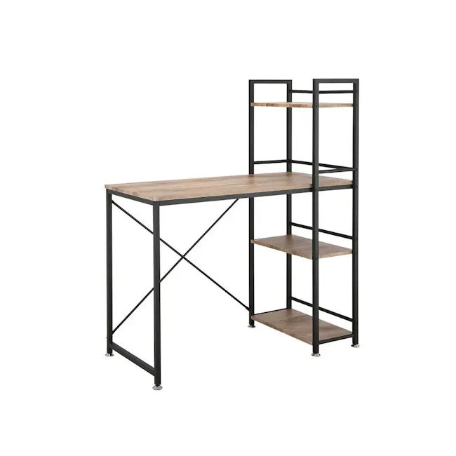 Conner Study Table with Shelves 1m - Black, Walnut - 1 - - Industrial metal shelving unit with wooden top and side panels, -