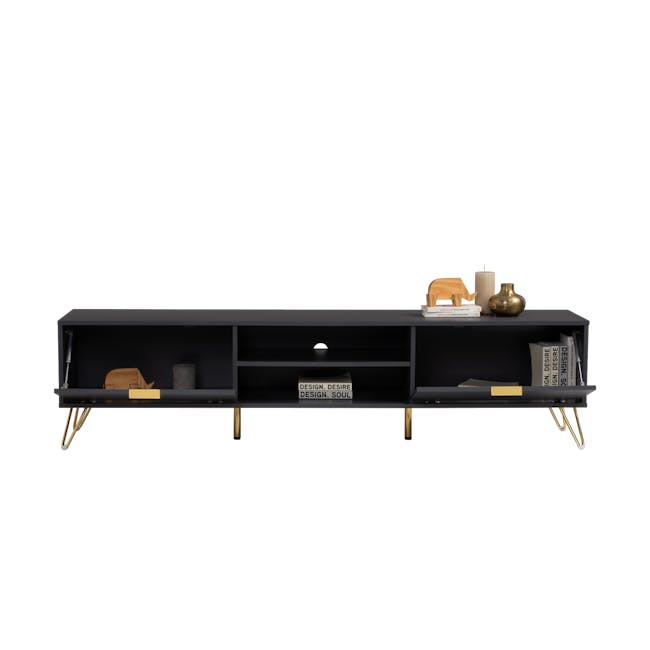 Volos TV Console 1.8m - 7 - modern shelving unit, minimalist design, open shelf, black and gold color scheme, decorative