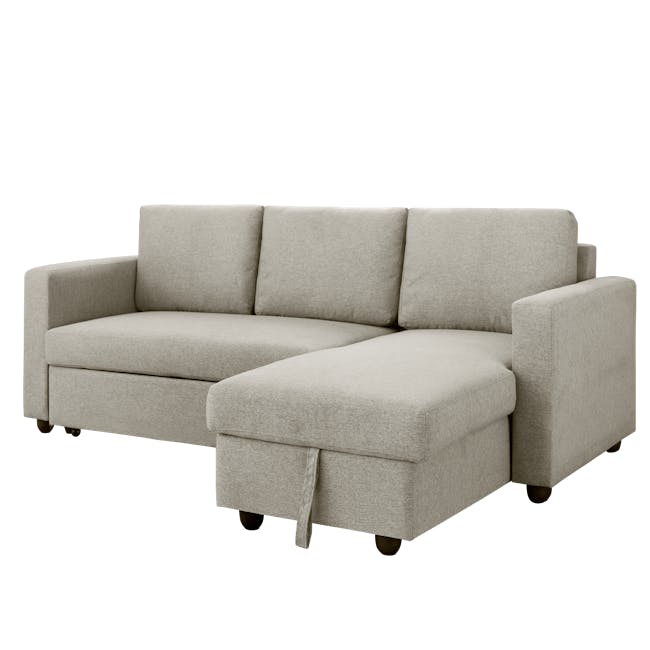 Mia L-Shaped Storage Sofa Bed - Ecru - 6 - Modern gray sofa with clean lines, upholstered in soft fabric, features a