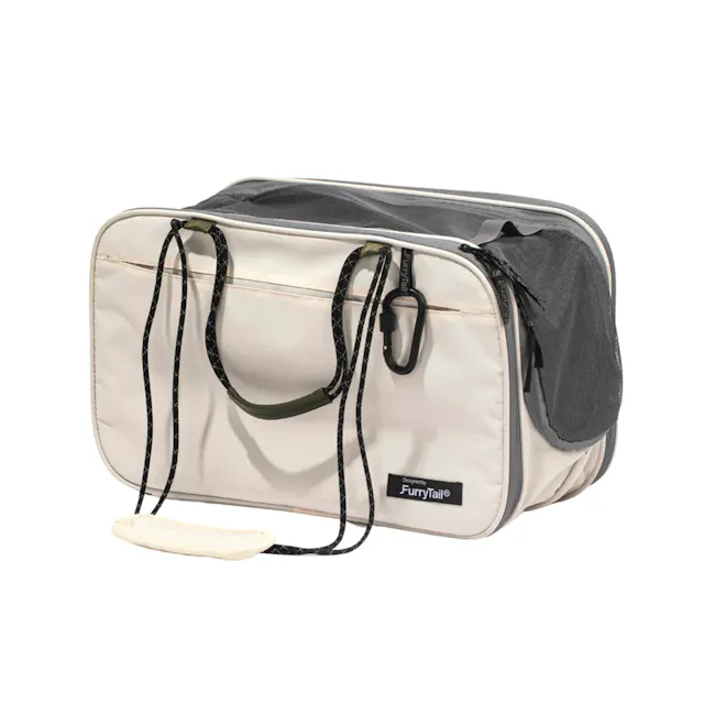 FURRYTAIL Extendable Pet Carrier - 1 - FurryTail-designed travel bag, sleek beige exterior, black accents, adjustable