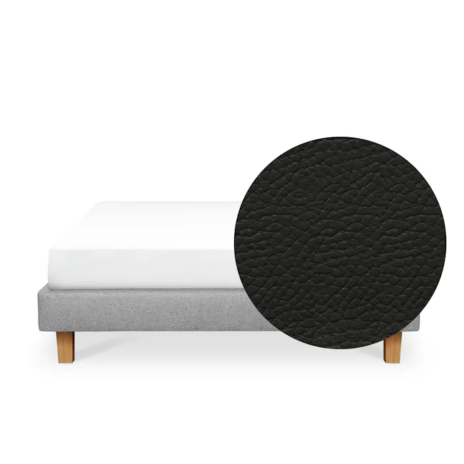 ESSENTIALS Queen Divan Bed - Coal (Faux leather) - 1 - White mattress, gray upholstered bench, wooden legs, black textured