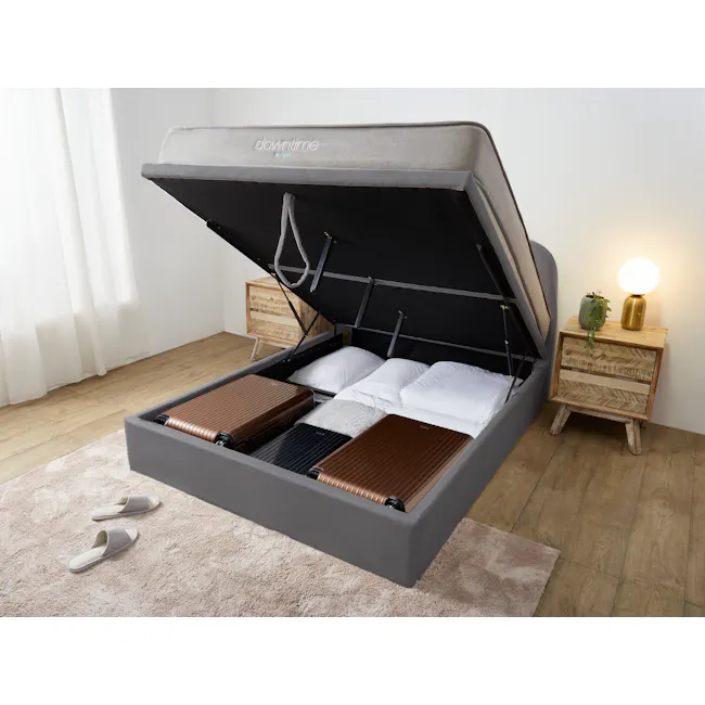 Nolan Queen Storage Bed in Hailstorm with 2 Asher Narrow Bedside Table - 3 - Modern bed with gray frame and black canopy