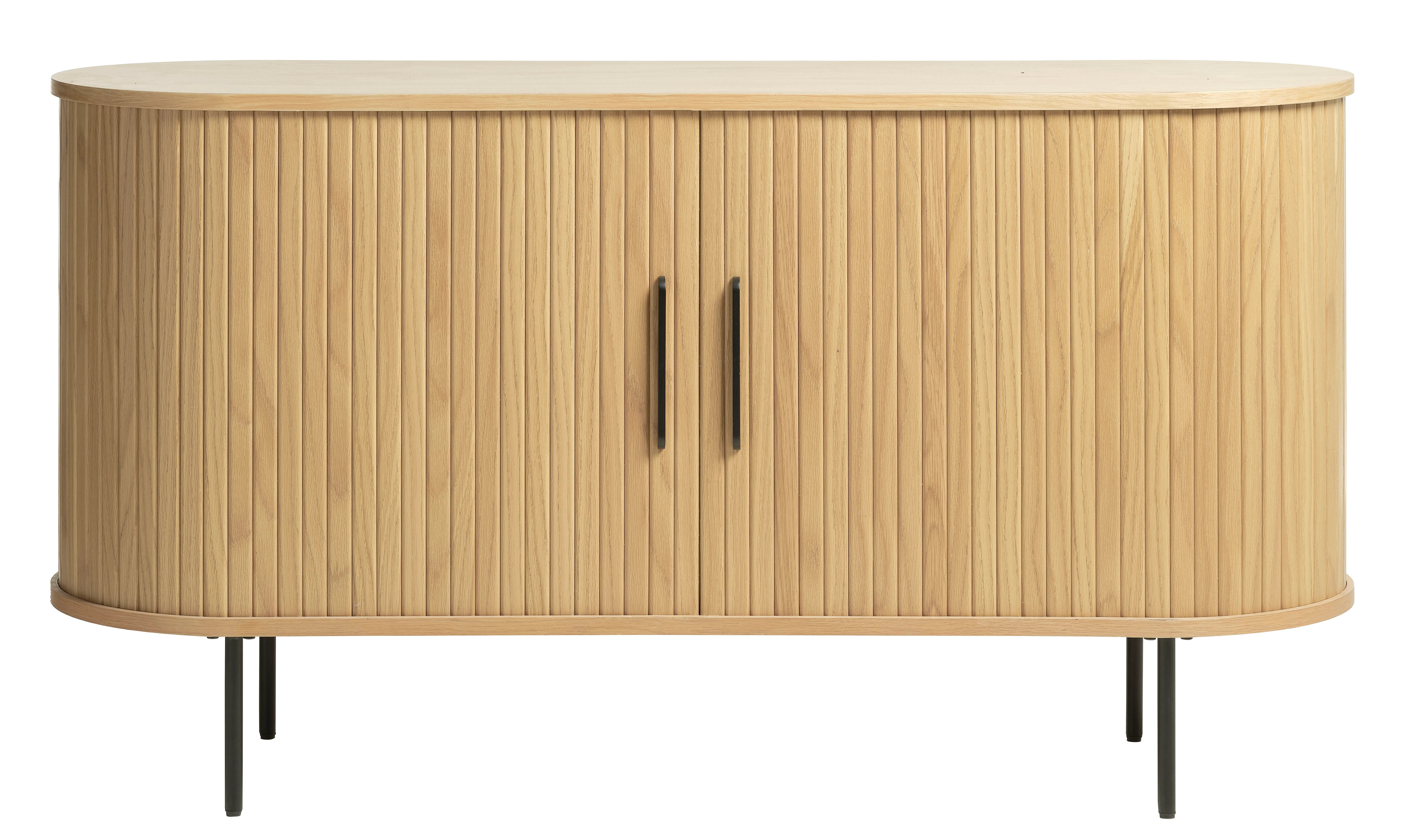 Nola Sideboard 1.4m - Oak - 11 - Wooden cabinet with vertical slats, black handles, minimalist design, round top, natural