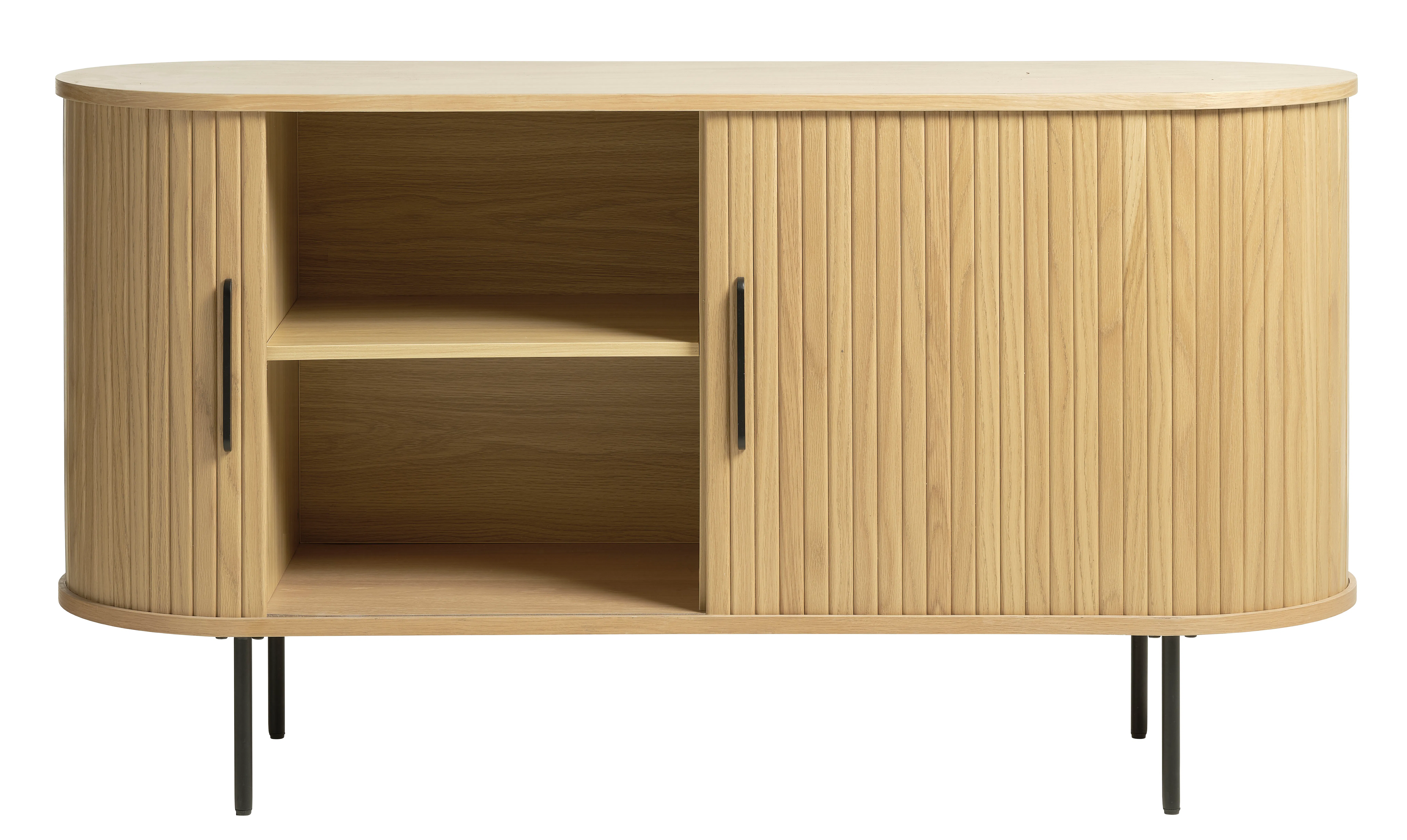 Nola Sideboard 1.4m - Oak - 9 - Wooden cabinet with black handles, minimalist design, round top, light wood finish, open