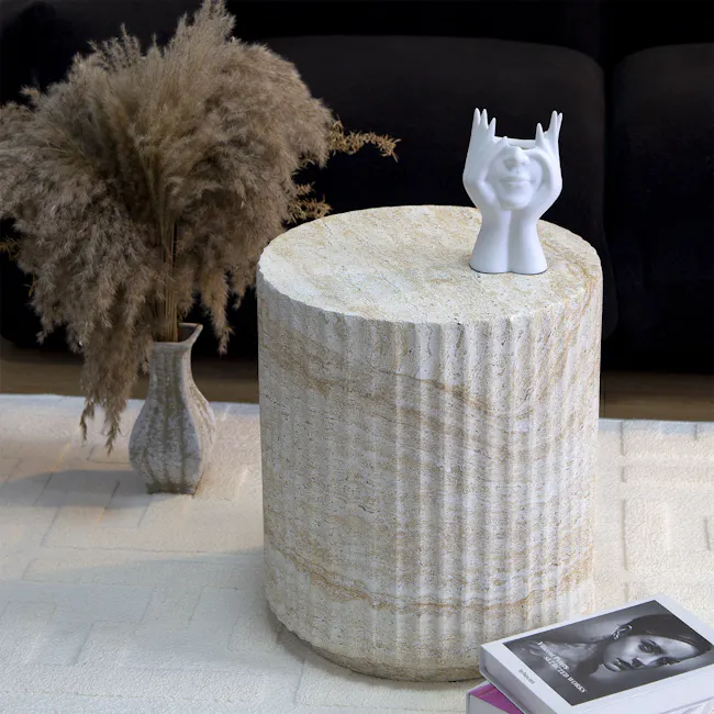 Vesta Fluted Travertine Side Table - 2