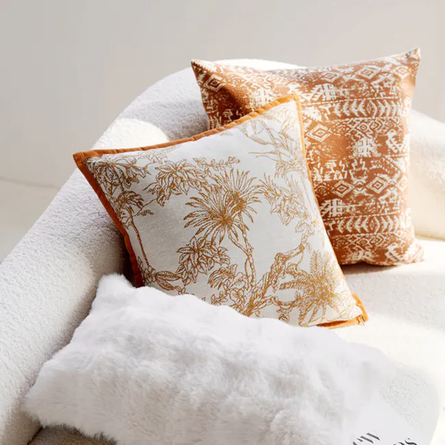 Tropical Safari Jacquard Cushion - Orange - 2 - Floral-patterned, textured, cozy, modern, decorative, natural, earthy, warm