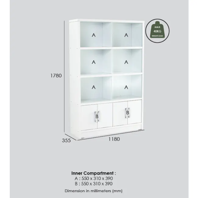 Harry Glass Cabinet - White - 7 - White shelving unit with multiple compartments, Adjustable height storage cabinet, Compact