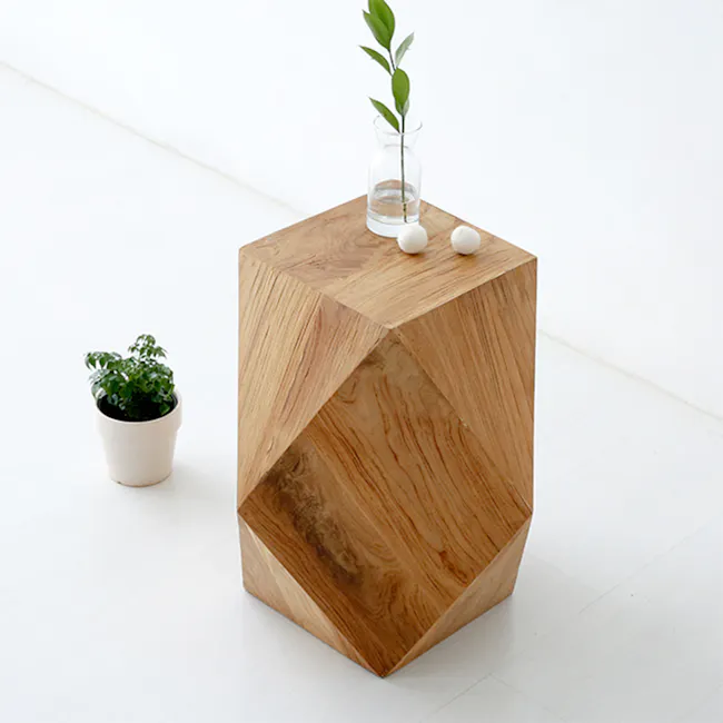 Dax Stool Side Table - 5 - Wooden geometric stool, minimalist design, natural wood finish, hexagonal shape, white