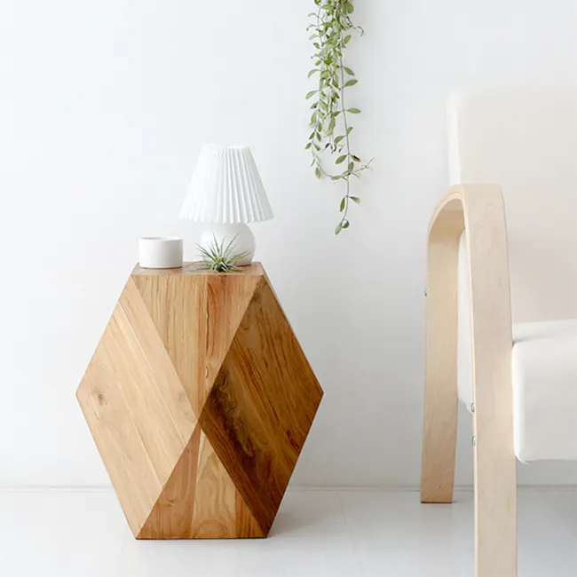 Dax Stool Side Table - 4 - hexagonal wooden side table, minimalist design, natural wood finish, geometric shape, modern