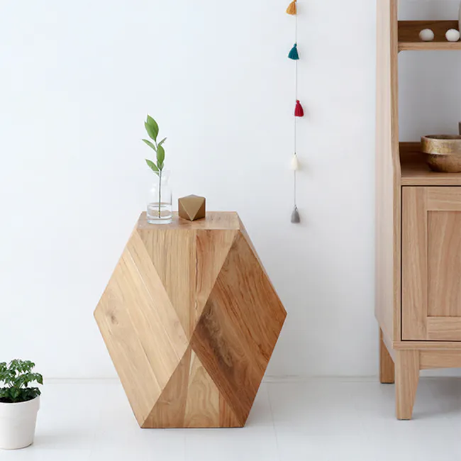 Dax Stool Side Table - 2 - hexagonal wooden table, minimalist decor, geometric design, natural wood finish, modern interior