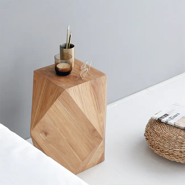 Dax Stool Side Table - 7 - Wooden side table, geometric design, wooden texture, modern decor, glass container, candle