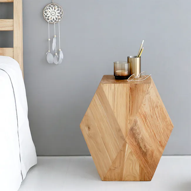 Dax Stool Side Table - 6 - hexagonal wooden bedside table, minimalist design, natural wood grain, geometric shape, modern