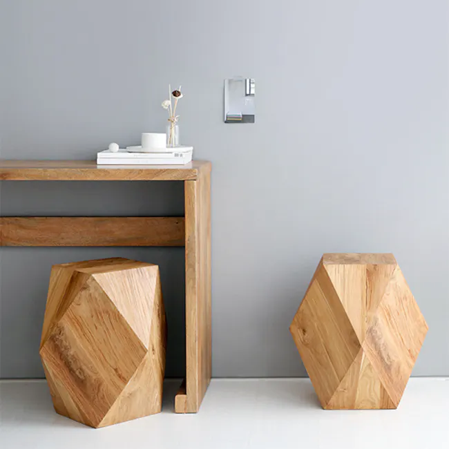 Dax Stool Side Table - 8 - modern minimalist, wooden shelf, geometric stools, natural wood finish, hexagonal design