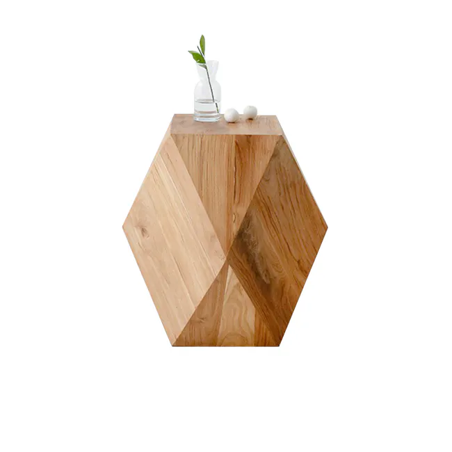 Dax Stool Side Table - 1 - Durable wooden table, geometric design, natural wood grain, hexagonal shape, clear glass vase