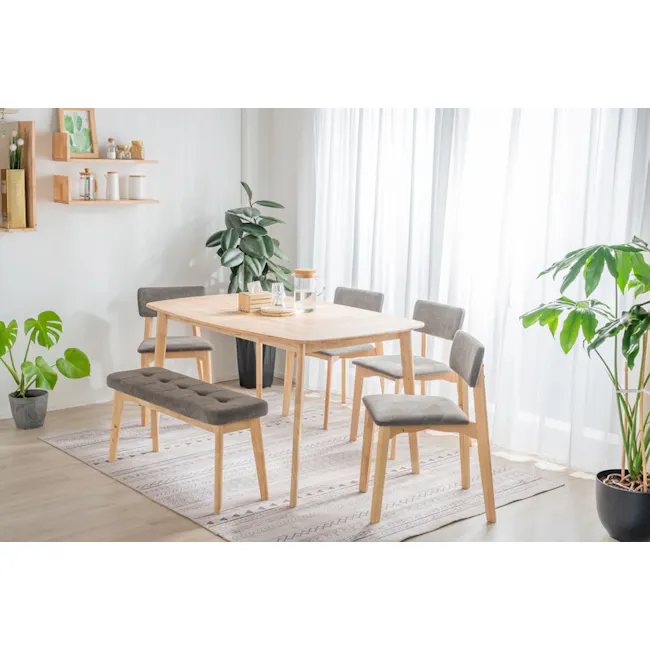 Hockey Chair - Grey - 3 - Wooden dining table, minimalist design, light wood finish, six chairs, gray cushioned seats
