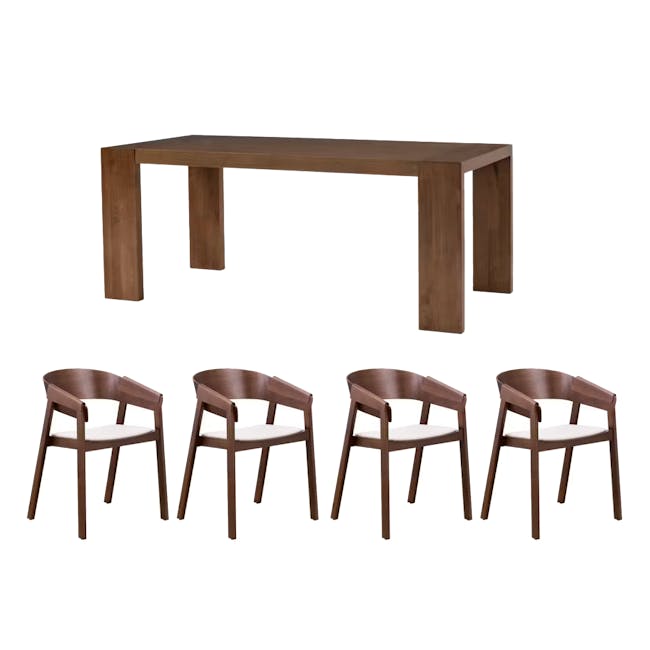 Clarkson Dining Table 1.8m in Cocoa with 4 Tristen Chairs in Walnut, White (Fabric) - 1