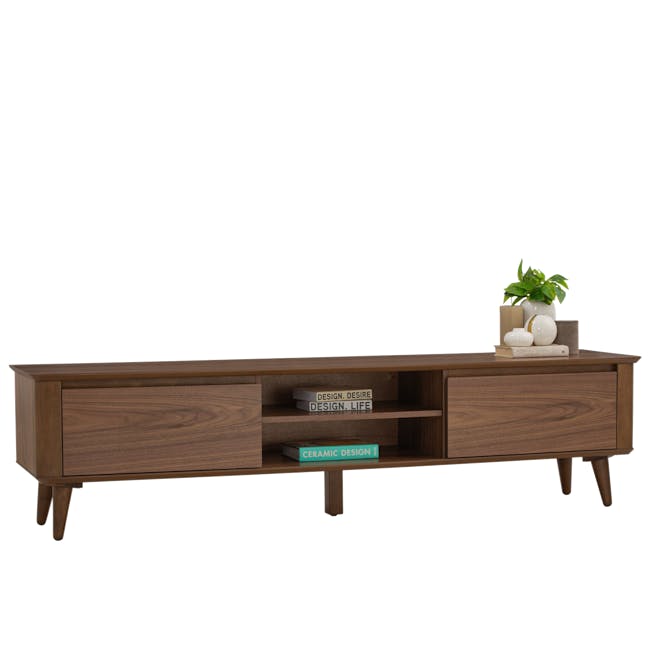 Dimitri TV Console 1.8m - 4 - Wooden sideboard, minimalist design, brown finish, open shelving, decorative books, "Design.