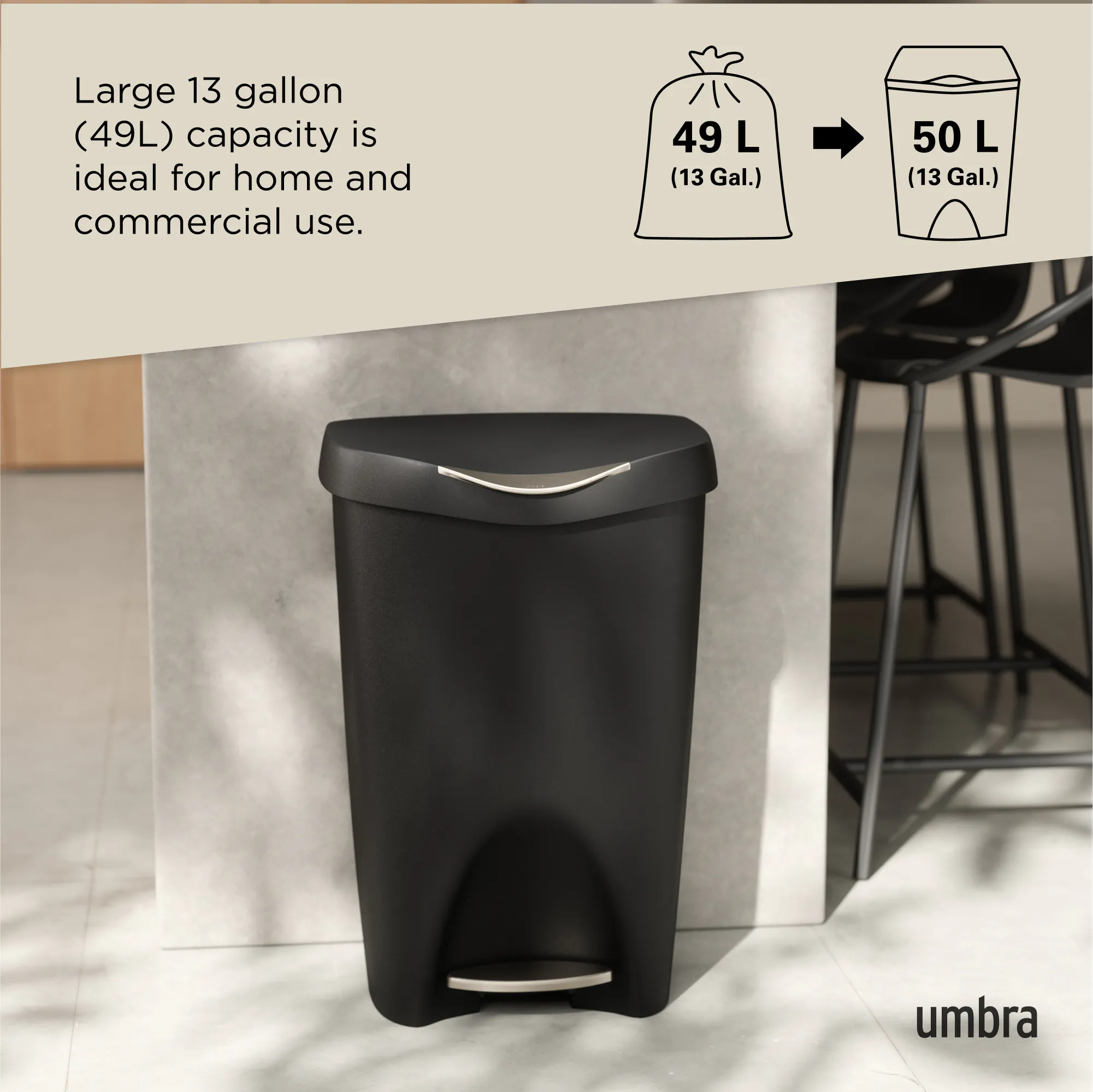 Brim Step Can Waste Bin - Black, Nickel - 11 - Large 13-gallon (49L) capacity ideal for home and commercial use, black