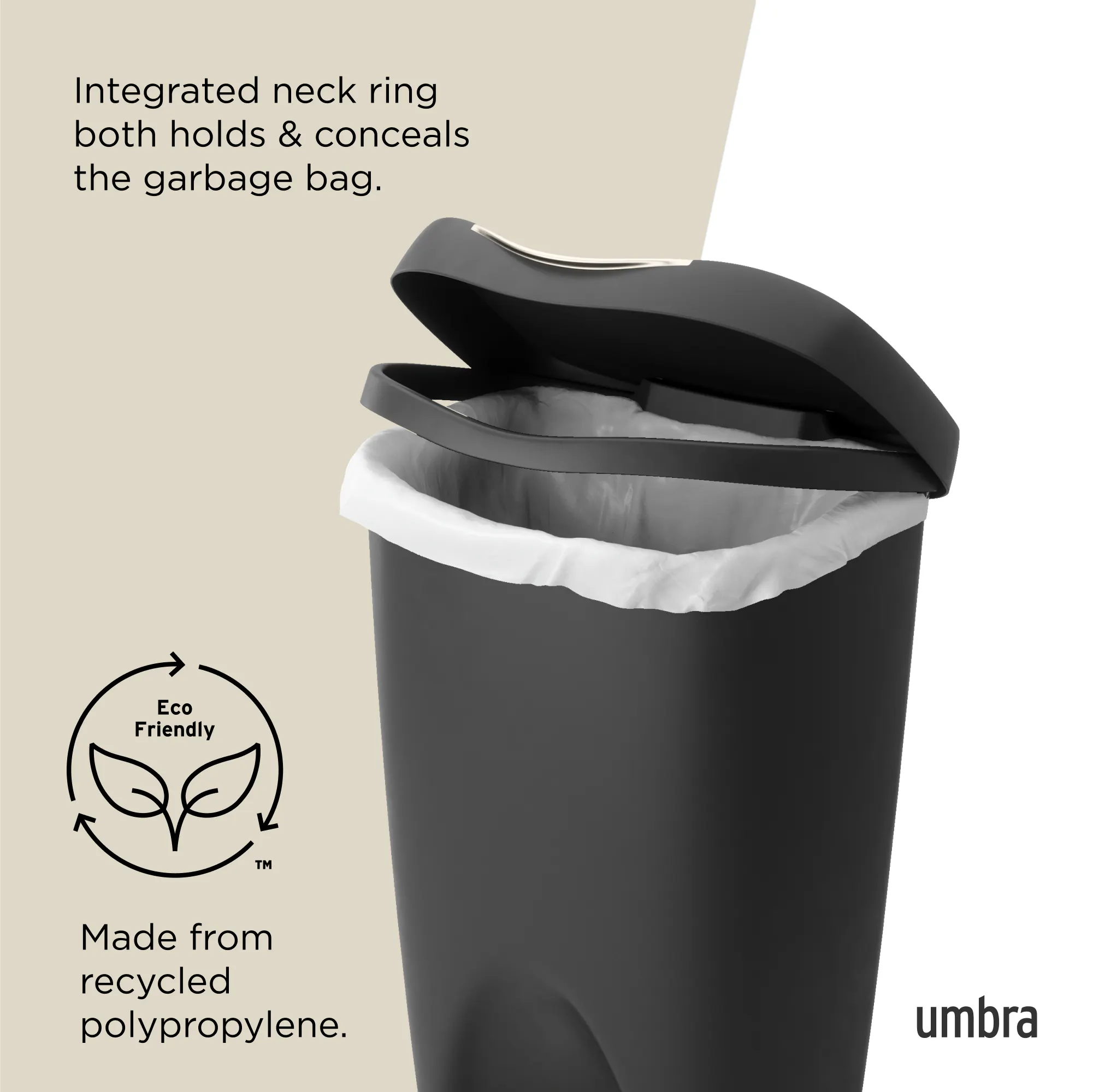 Brim Step Can Waste Bin - Black, Nickel - 13 - Recycled polypropylene, integrated neck ring, eco-friendly design, garbage