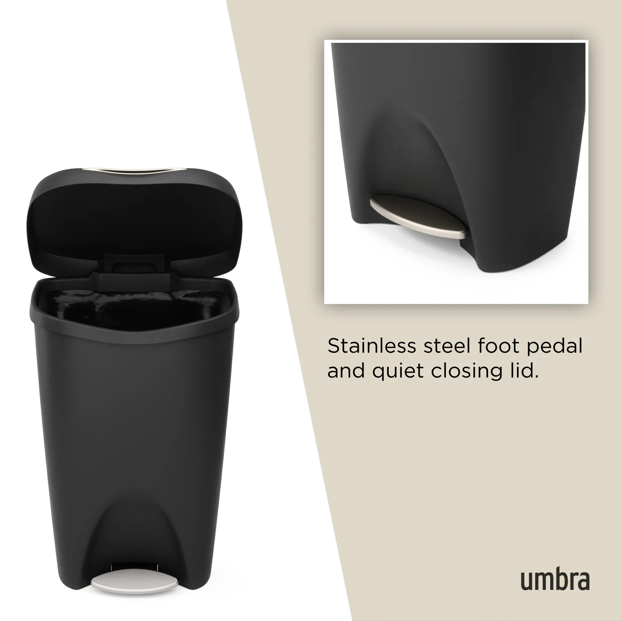 Brim Step Can Waste Bin - Black, Nickel - 9 - Stainless steel foot pedal, quiet closing lid, ergonomic design, compact size