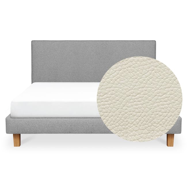 ESSENTIALS King Headboard Divan Bed - Snow (Faux leather) - 1 - Grey upholstered headboard, white mattress, wooden legs