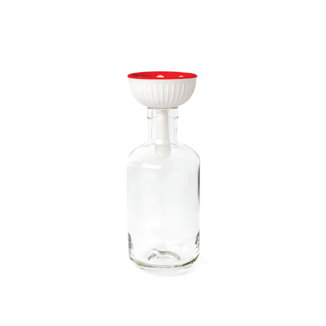 OTOTO Funnel - Magic Mushroom - 6 - Clear glass bottle, white and red design, transparent liquid, dropper cap, elegant