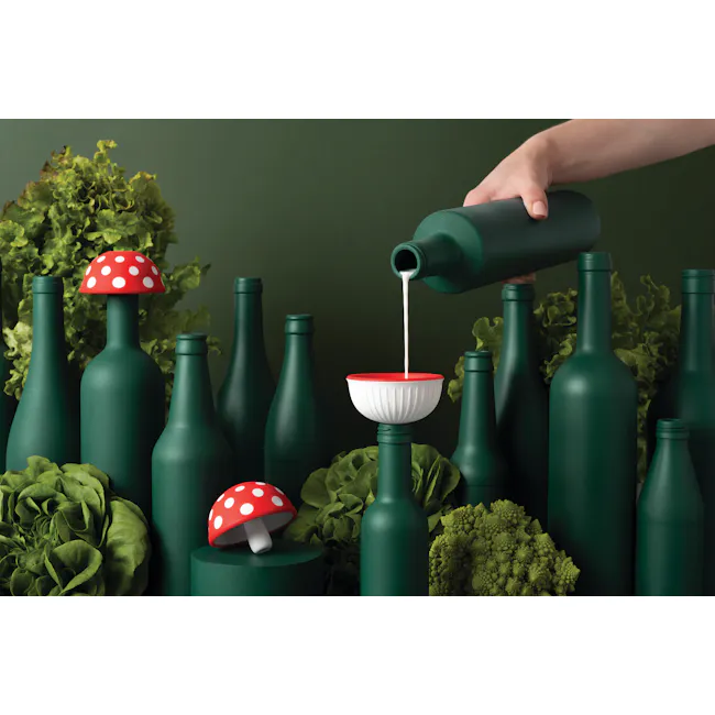 OTOTO Funnel - Magic Mushroom - 4 - Green bottles, red polka dot mushroom, green leafy vegetables, green bottle with red