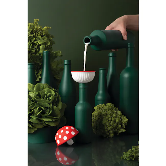 OTOTO Funnel - Magic Mushroom - 2 - Green bottle, leafy greens, red polka dot mushroom, white bowl, green vegetables, green