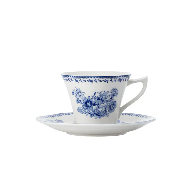 Luzerne Lancaster Garden Cup & Saucer Set 170ml - Grey - 2 - White porcelain tea set with blue floral designs, elegant