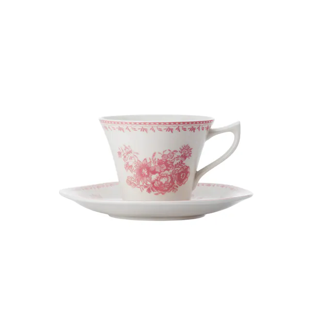 Luzerne Lancaster Garden Cup & Saucer Set 170ml - Grey - 3 - White porcelain teacup with red floral design, elegant tea set