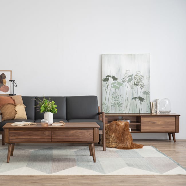 Dimitri TV Console 1.8m - 6 - modern living room, cozy seating, dark gray sofa, wooden coffee table, abstract painting