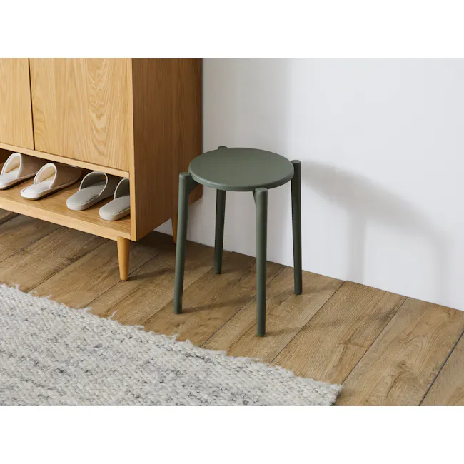 Olly Pop Stackable Stool - Olive - 2 - Wooden cabinet, light wooden floor, small round table, green legs, textured floor